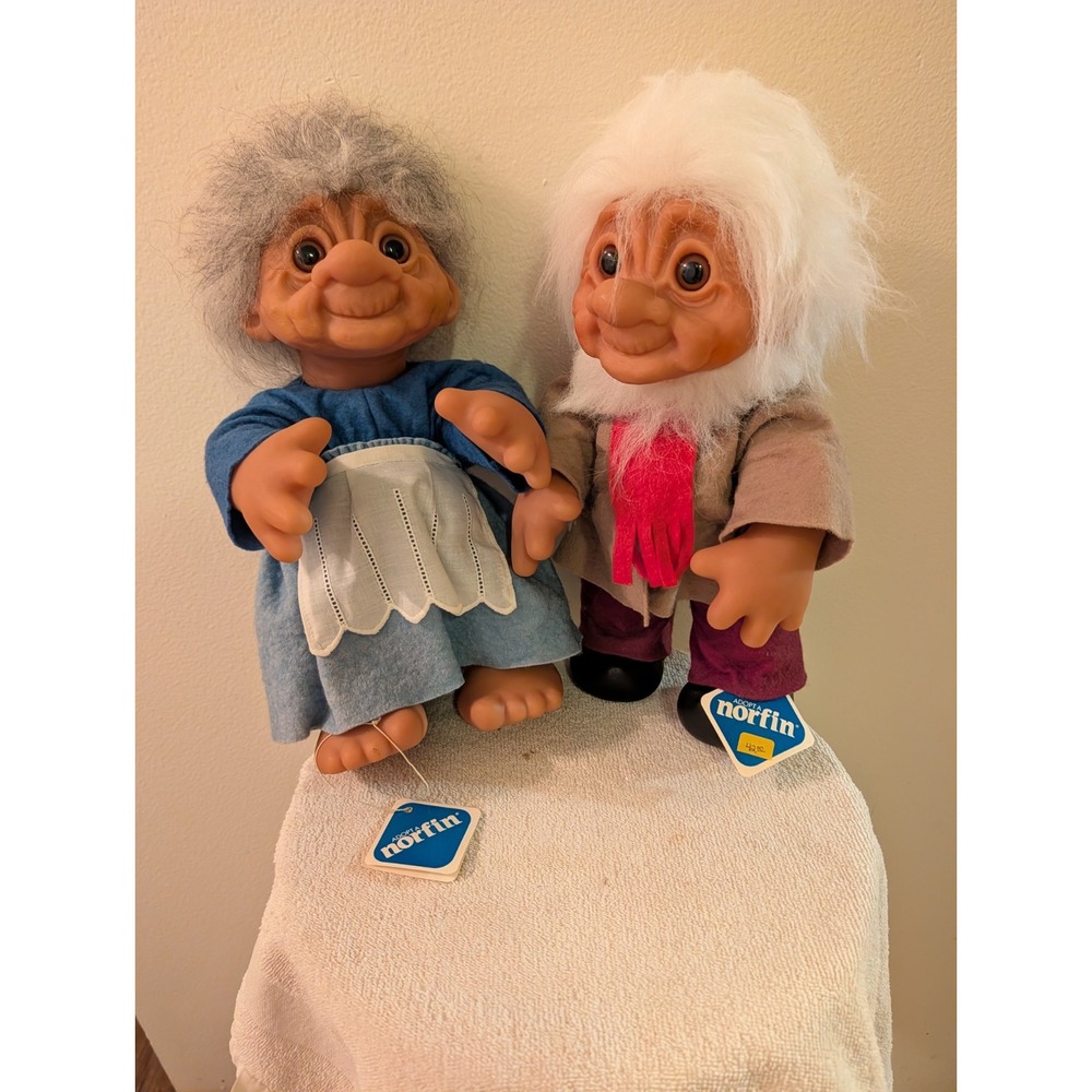 Vintage 1977 Large 14" Thomas Dam Denmark Grandma Grandpa Trolls Set Of 2 Norfin